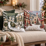 Christmas Village Pillow Cover, Snowy Winter Scene with Deer &amp; Sleigh, Double-Sided Cushion Cover, 14/16/18/20/24 Inch