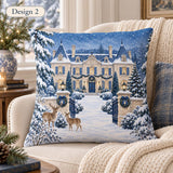Christmas Village Pillow Cover, Snowy Winter Scene with Deer &amp; Sleigh, Double-Sided Cushion Cover, 14/16/18/20/24 Inch