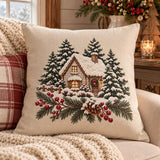 Christmas Cottage Pillow Cover, 18x18 Cotton Canvas, Snowy Winter Scene (Includes Art Print)