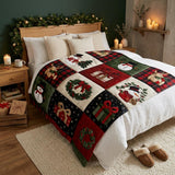 Christmas Patchwork Blanket, Quilted Look Plush Fleece Throw | Snowman Reindeer Holly Wreath | Red Green Plaid Cozy Holiday Gift