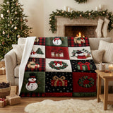 Christmas Patchwork Blanket, Quilted Look Plush Fleece Throw | Snowman Reindeer Holly Wreath | Red Green Plaid Cozy Holiday Gift