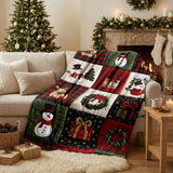 Christmas Patchwork Blanket, Quilted Look Plush Fleece Throw | Snowman Reindeer Holly Wreath | Red Green Plaid Cozy Holiday Gift