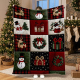 Christmas Patchwork Blanket, Quilted Look Plush Fleece Throw | Snowman Reindeer Holly Wreath | Red Green Plaid Cozy Holiday Gift