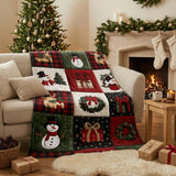 Christmas Patchwork Blanket, Quilted Look Plush Fleece Throw | Snowman Reindeer Holly Wreath | Red Green Plaid Cozy Holiday Gift