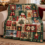 Christmas Snowman Blanket, Flannel Throw with Gingerbread Man and Cardinal Patchwork Print, Red and Green Farmhouse Holiday Decor for a Sofa