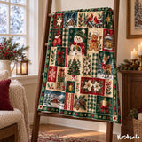 Christmas Snowman Blanket, Flannel Throw with Gingerbread Man and Cardinal Patchwork Print, Red and Green Farmhouse Holiday Decor for a Sofa