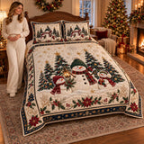 Snowman Trio Poinsettia | Quilted Bedding Set