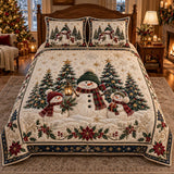 Snowman Trio Poinsettia | Quilted Bedding Set