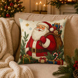 Vintage Santa Christmas Pillow Cover – Nostalgic Santa Claus Cushion Cover with Gifts and Festive Greenery