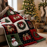 Christmas Patchwork Blanket, Quilted Look Plush Fleece Throw | Snowman Reindeer Holly Wreath | Red Green Plaid Cozy Holiday Gift