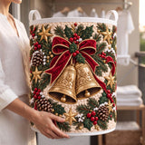 Golden Bells & Holly Ribbon | Quilted Laundry Basket