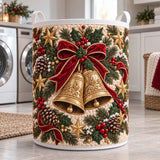 Golden Bells & Holly Ribbon | Quilted Laundry Basket