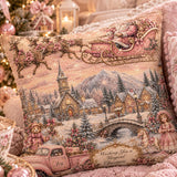 Vintage Santa Sleigh Winter Village Spun Polyester Square Pillow