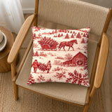 Christmas Toile Pillow Cover, Red Tree Farm and Horse Sleigh