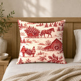 Christmas Toile Pillow Cover, Red Tree Farm and Horse Sleigh