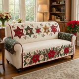 Christmas Poinsettia Quilted Sofa Cover, Winter Cream Red Patchwork Couch Throw, Star Rose Pinecone Holly Berry Elegant Holiday Decor