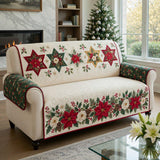 Christmas Poinsettia Quilted Sofa Cover, Winter Cream Red Patchwork Couch Throw, Star Rose Pinecone Holly Berry Elegant Holiday Decor