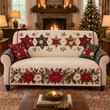 Christmas Poinsettia Quilted Sofa Cover, Winter Cream Red Patchwork Couch Throw, Star Rose Pinecone Holly Berry Elegant Holiday Decor