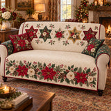 Christmas Poinsettia Quilted Sofa Cover, Winter Cream Red Patchwork Couch Throw, Star Rose Pinecone Holly Berry Elegant Holiday Decor