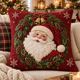 Santa Claus Wreath Quilted Pillow, Christmas Bell Print Throw Pillow, Red Holly Pinecone Cushion, Cozy Bedroom Decor, Holiday Gift