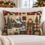 Vintage Christmas Cabin Lumbar Pillow, Rustic Farmhouse Plaid Patchwork (20"x14")