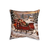 Christmas Sleigh in Snowy Village Faux Linen Pillow