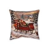 Christmas Sleigh in Snowy Village Faux Linen Pillow