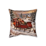 Christmas Sleigh in Snowy Village Faux Linen Pillow