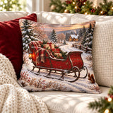 Christmas Sleigh in Snowy Village Faux Linen Pillow