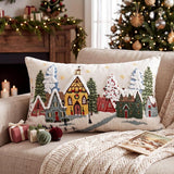 Christmas Pillows - 12 x 20 Inch Christmas Village Pillow Cover, Embroidered Snowy Town with Trees and Golden Snowflakes