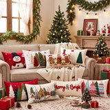 Christmas Pillows - 12 x 20 Inch Christmas Village Pillow Cover, Embroidered Snowy Town with Trees and Golden Snowflakes