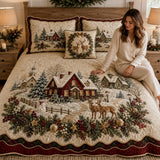 Snowy Cabin Scene | Quilted Bedding Set