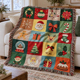 Cosy Christmas Woven Blanket – Colourful Patchwork with Fringe