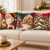 Christmas Pillow Cover, Vintage Santa, Snowy Village &amp; Red Cardinal, Double-Sided Cushion Cover, 14/16/18/20/24 Inch