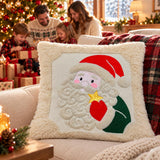 Santa Christmas Pillow Cover, 3D Embroidered Plush Holiday Cushion