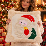 Santa Christmas Pillow Cover, 3D Embroidered Plush Holiday Cushion