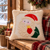 Santa Christmas Pillow Cover, 3D Embroidered Plush Holiday Cushion