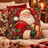 Vintage-Style Santa Christmas Pillow Cover, Red Holiday Design