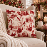 Red Christmas Toile Pillow Cover, Cardinal Christmas Pillowcase, Victorian Winter Sleigh Scene
