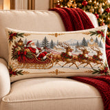 Old-World Santa Sleigh Lumbar Pillow, Cranberry Red Backside, Antique Gold Border (20x12)