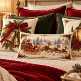 Old-World Santa Sleigh Lumbar Pillow, Cranberry Red Backside, Antique Gold Border (20x12)