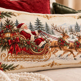 Old-World Santa Sleigh Lumbar Pillow, Cranberry Red Backside, Antique Gold Border (20x12)