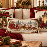 Old-World Santa Sleigh Lumbar Pillow, Cranberry Red Backside, Antique Gold Border (20x12)