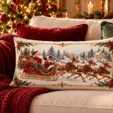 Old-World Santa Sleigh Lumbar Pillow, Cranberry Red Backside, Antique Gold Border (20x12)