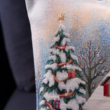 Christmas Woven Tapestry Cushion Cover, Snowy Cottage and Christmas Trees, 45x45 cm