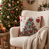 Red Christmas Tree Tapestry Pillow Cover, Gold Lurex Holiday Cushion, Festive Woven Pillowcase, Winter Sofa Decor, Holiday Gifts