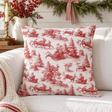 Red Christmas Toile Pillow Cover, Santa Sleigh and Reindeer Pillowcase, Farmhouse Holiday Decor