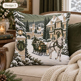 Christmas Village Pillow Cover, Snowy Winter Scene with Deer &amp; Sleigh, Double-Sided Cushion Cover, 14/16/18/20/24 Inch