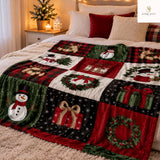 Christmas Fleece Blanket – Cozy Soft Holiday Throw with Snowman, Reindeer, Festive Patchwork Design for Bed,  Sofa , Patchwork Blanket