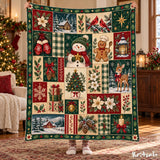 Christmas Snowman Blanket, Flannel Throw with Gingerbread Man and Cardinal Patchwork Print, Red and Green Farmhouse Holiday Decor for a Sofa